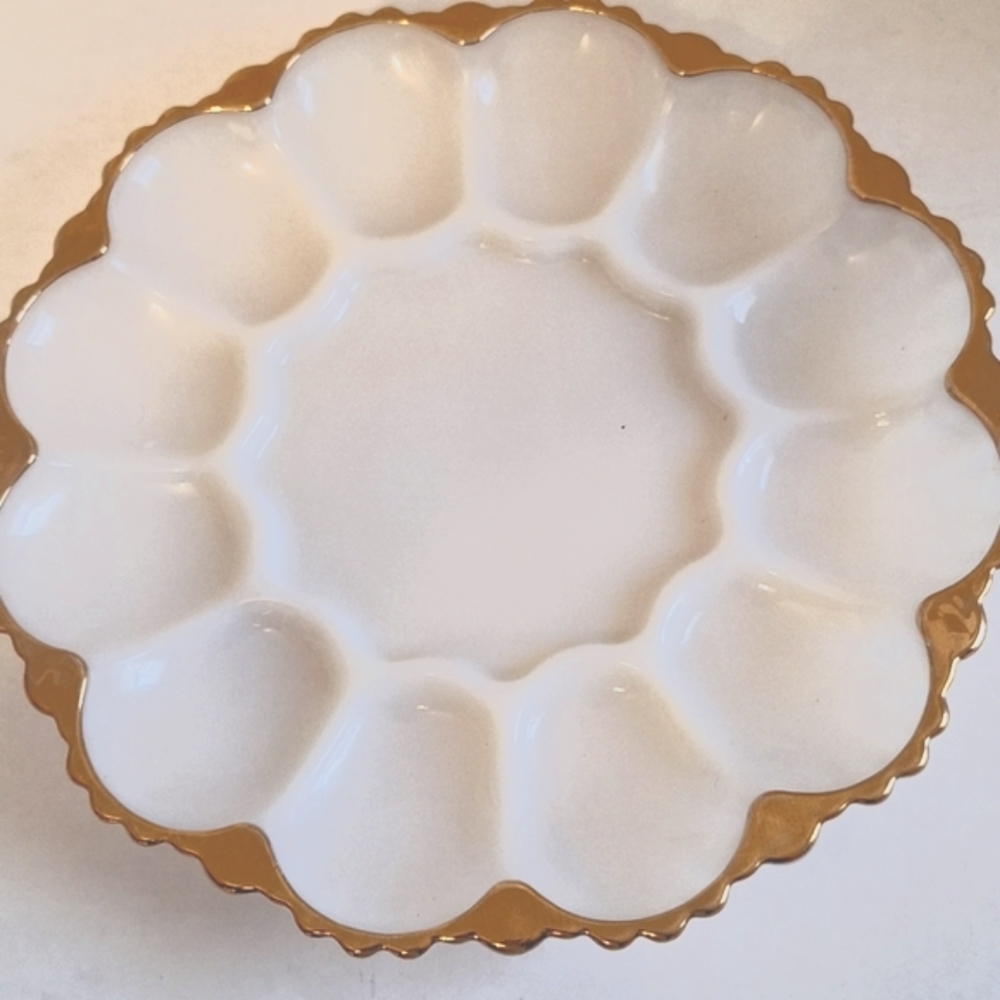 Vintage Anch Hocking Milk Glass 12 Deviled Egg Plate Gold Trim Ornate Bottom 10"